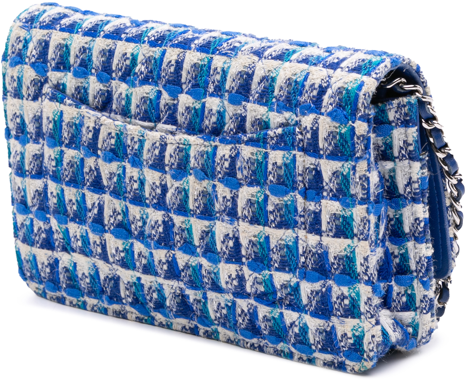Chanel Quilted Boucle Tweed Charm Wallet On Chain Blauw