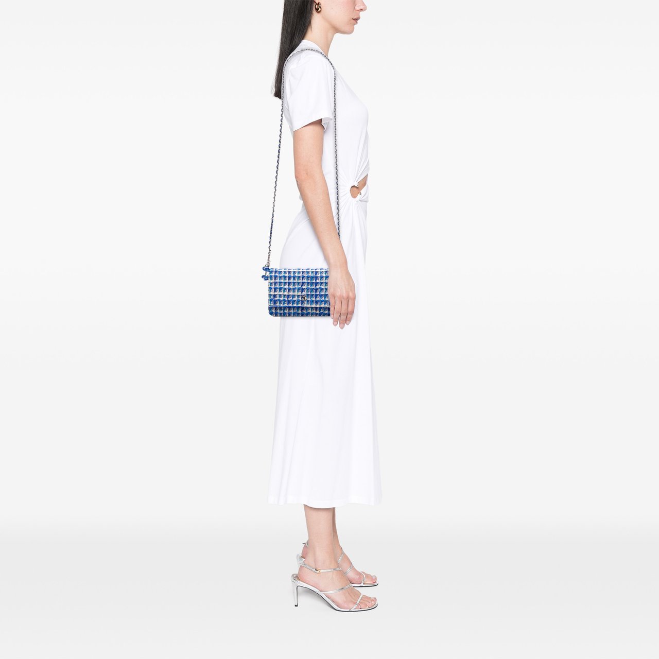Chanel Quilted Boucle Tweed Charm Wallet On Chain Blauw