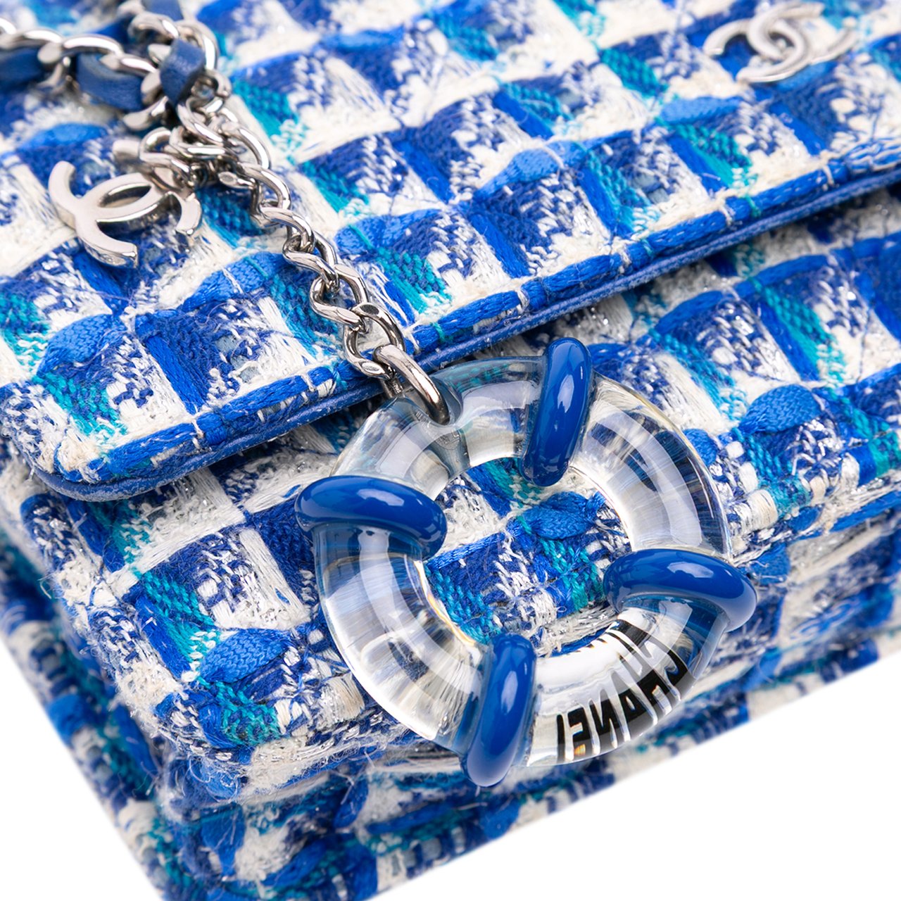 Chanel Quilted Boucle Tweed Charm Wallet On Chain Blauw