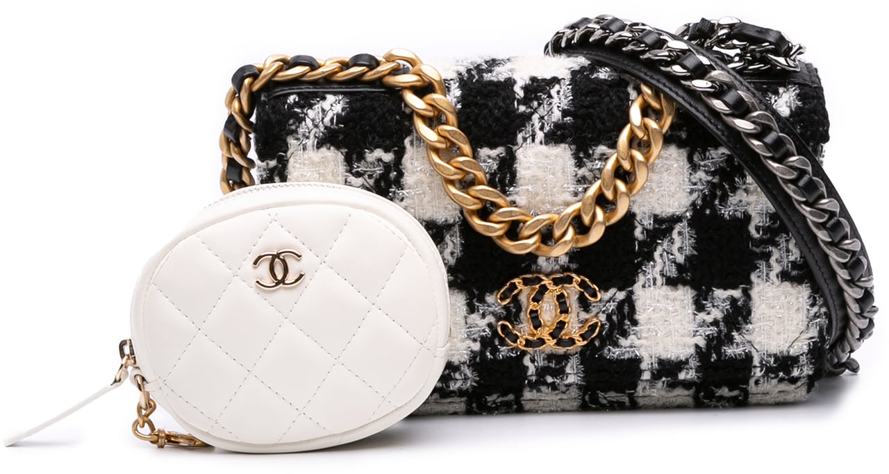 Chanel Houndstooth Tweed 19 Wallet On Chain Zwart