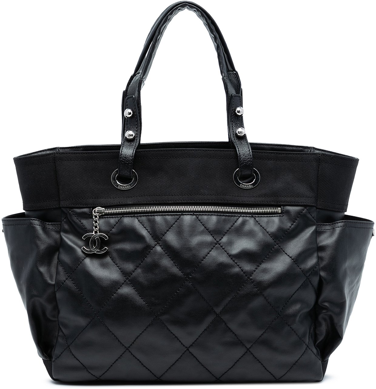 Chanel Large Quilted Coated Canvas Paris Biarritz Tote Zwart