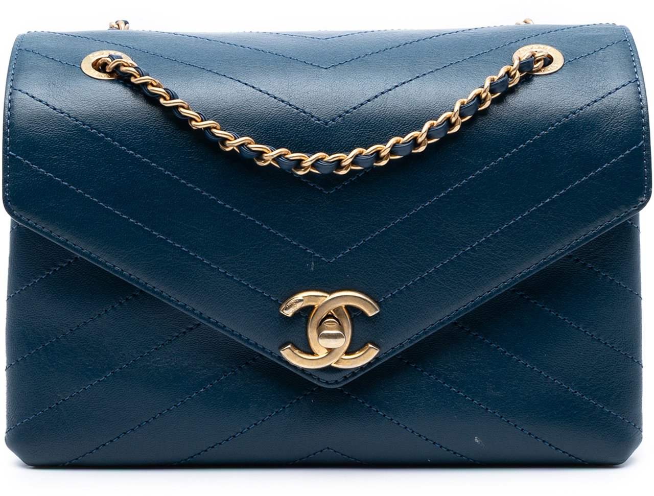 Chanel Small Chevron Lambskin Stitched Envelope Flap Blauw