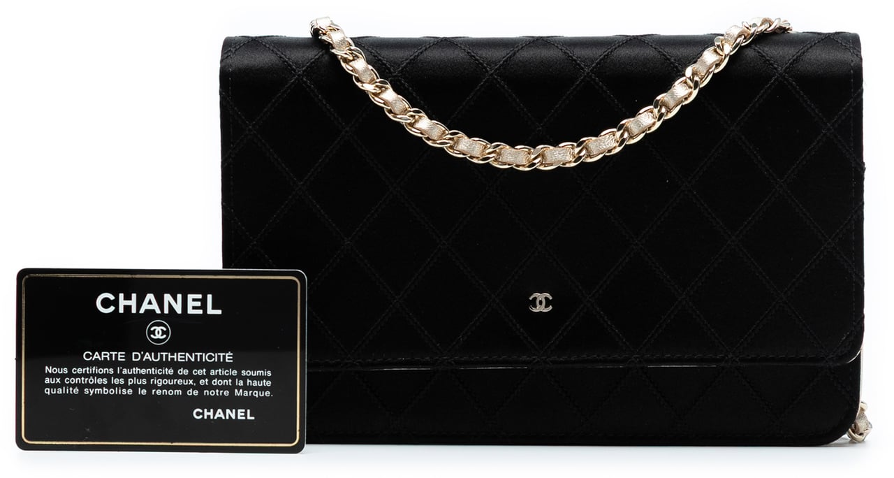 Chanel Bicolor Satin Diamond Stitch Wallet On Chain Zwart