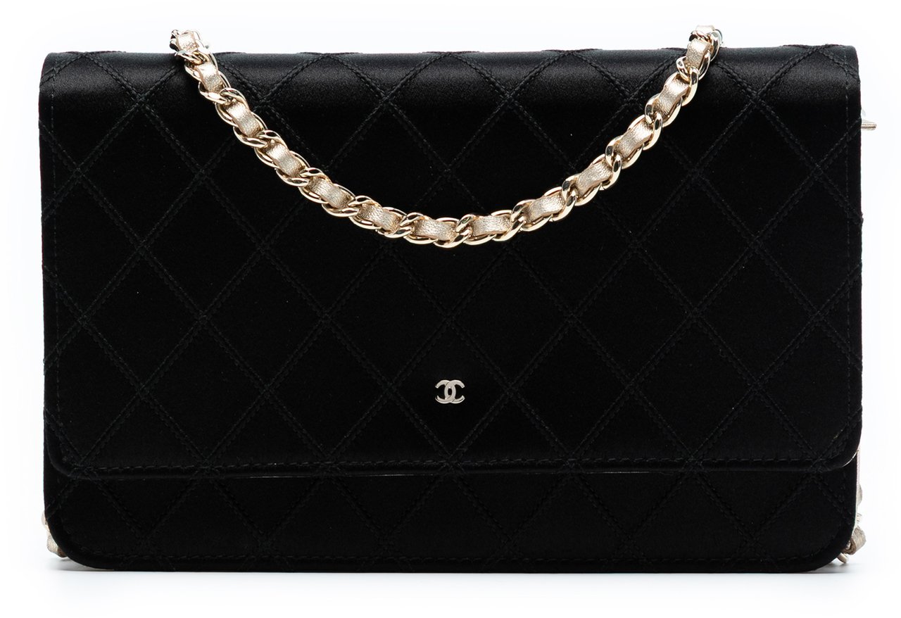 Chanel Bicolor Satin Diamond Stitch Wallet On Chain Zwart