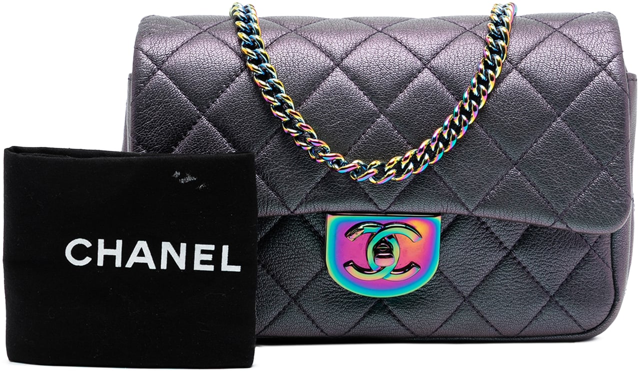 Chanel Small Iridescent Goatskin Rainbow Hardware Double Carry Waist Chain Flap Paars