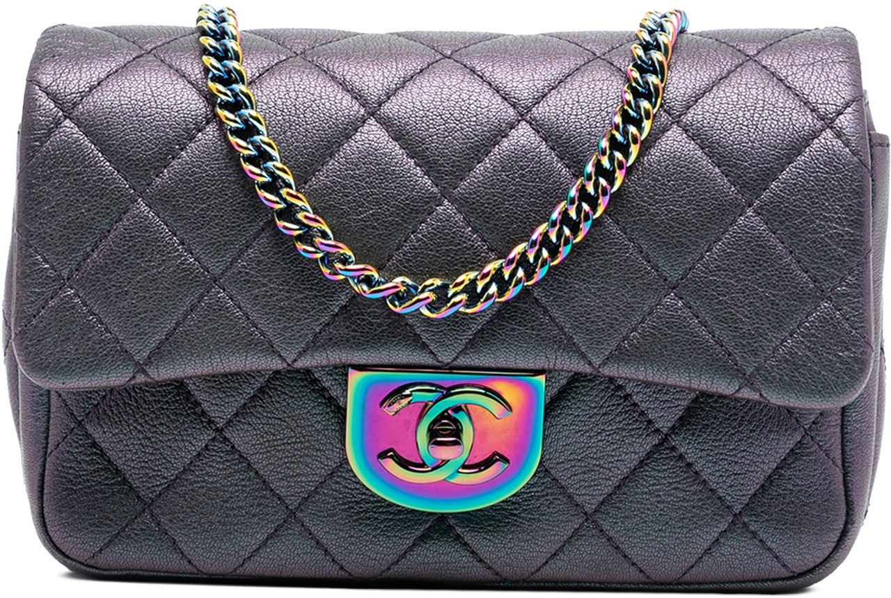 Chanel Small Iridescent Goatskin Rainbow Hardware Double Carry Waist Chain Flap Paars