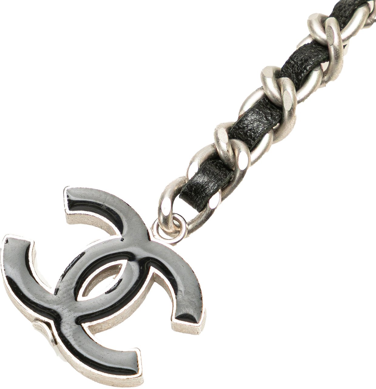 Chanel Silver CC Leather Woven Chain Belt Zilver