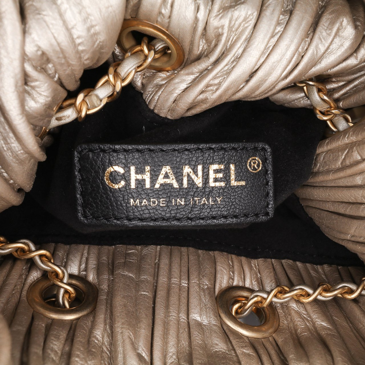 Chanel Medium Metallic Calfskin Coco Pleats Drawstring Backpack Goud