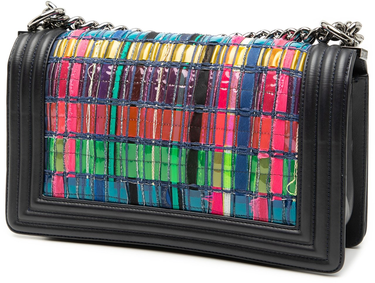 Chanel Old Medium Lambskin and Woven PVC Boy Flap Zwart