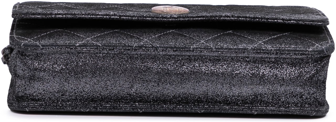 Chanel Quilted Iridescent Lambskin Tartan Button Wallet On Chain Zilver