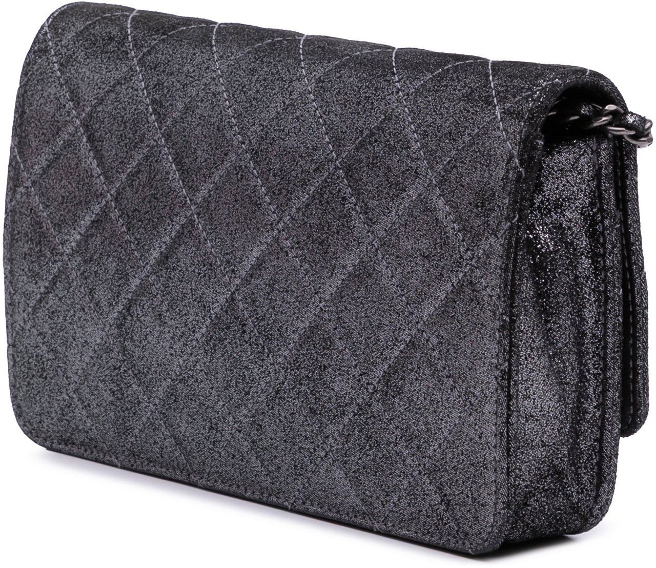 Chanel Quilted Iridescent Lambskin Tartan Button Wallet On Chain Zilver