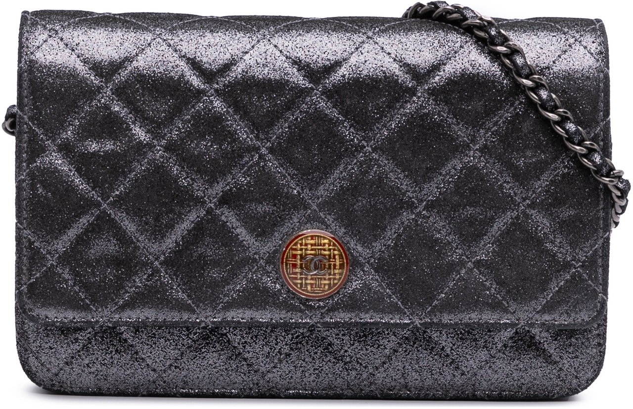 Chanel Quilted Iridescent Lambskin Tartan Button Wallet On Chain Zilver