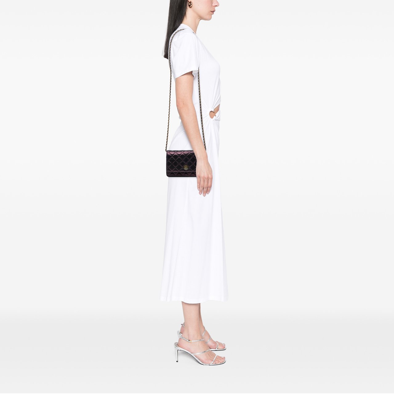 Chanel Quilted Iridescent Lambskin Tartan Button Wallet On Chain Paars