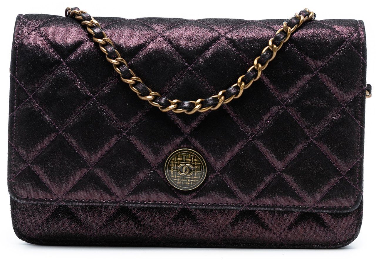 Chanel Quilted Iridescent Lambskin Tartan Button Wallet On Chain Paars