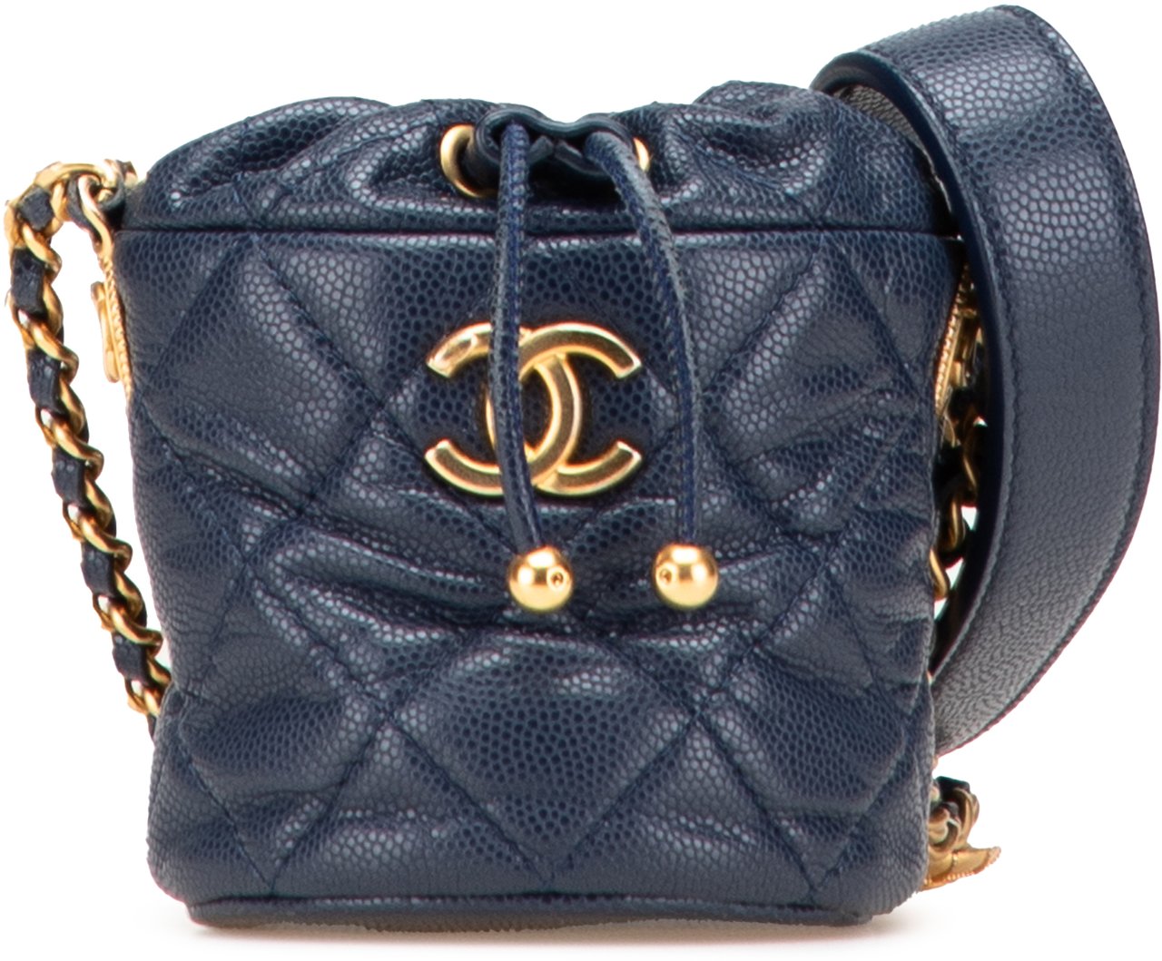Chanel Mini Quilted Caviar Medallion Charms Drawstring Bucket Bag Blauw