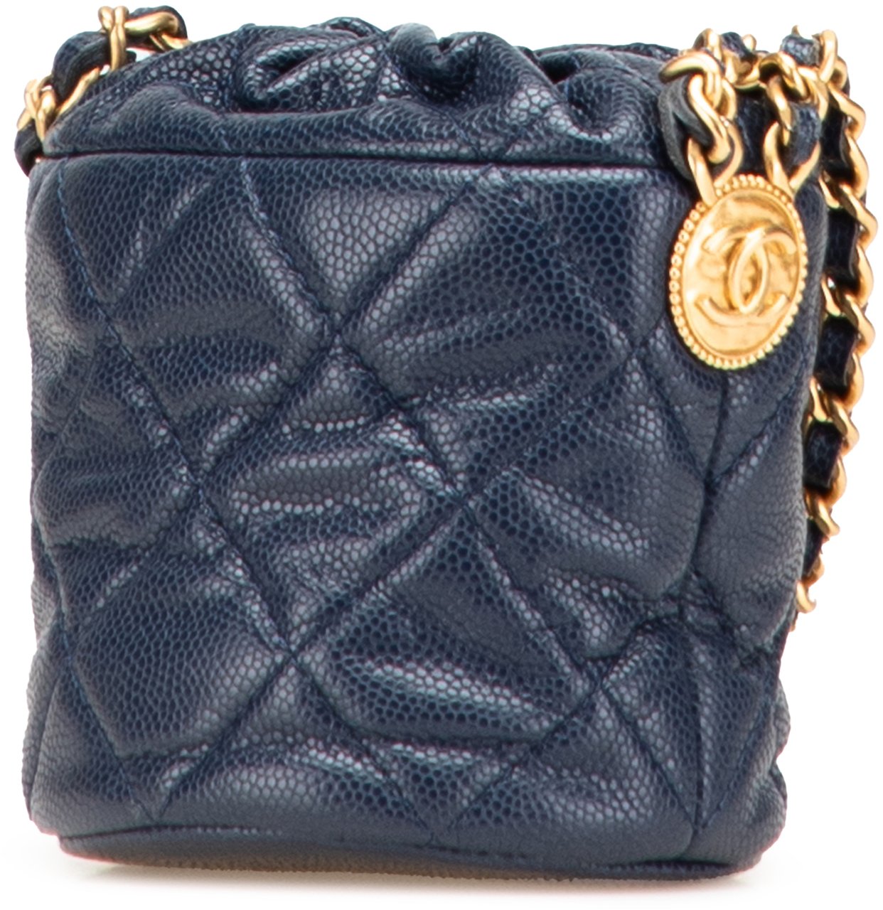 Chanel Mini Quilted Caviar Medallion Charms Drawstring Bucket Bag Blauw