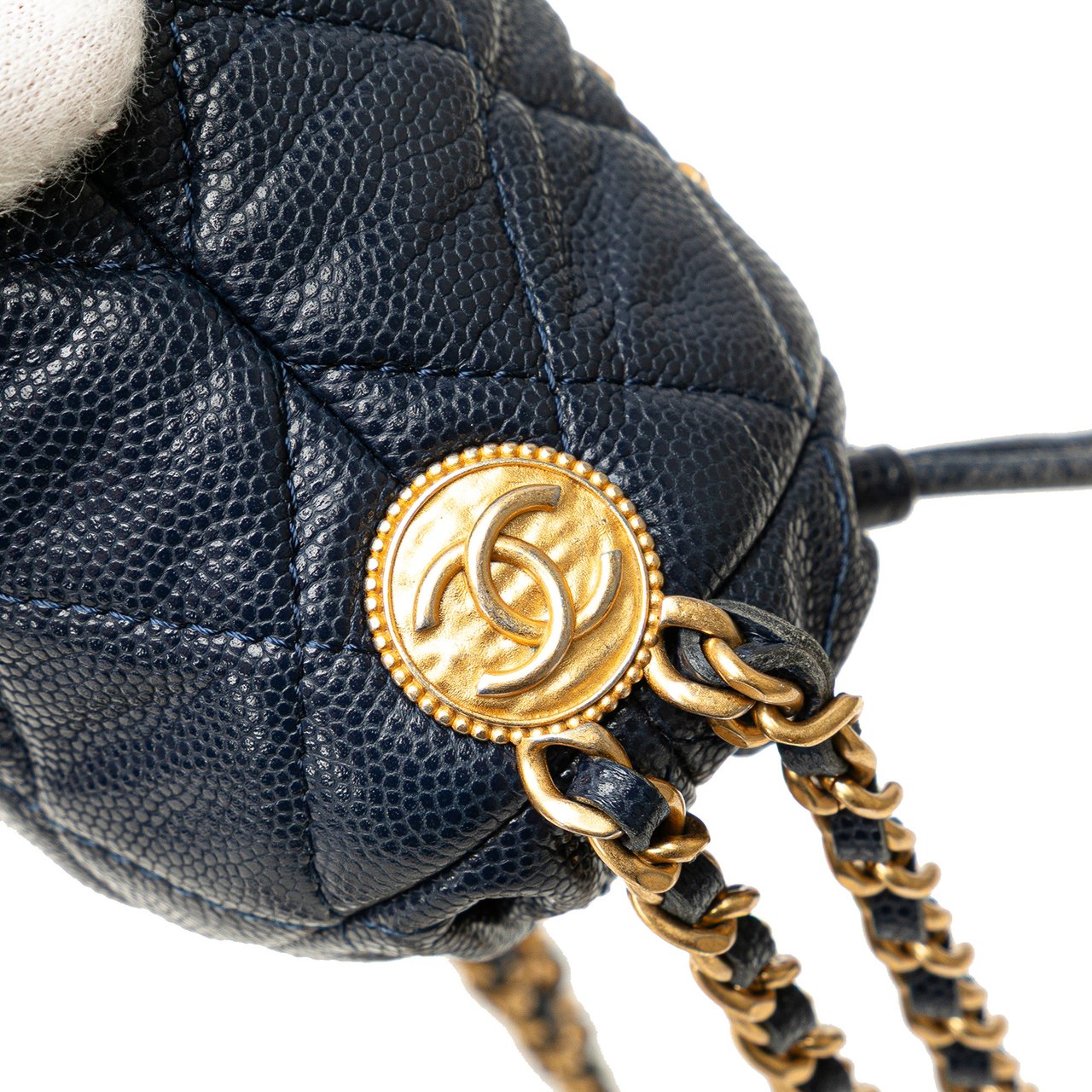 Chanel Mini Quilted Caviar Medallion Charms Drawstring Bucket Bag Blauw