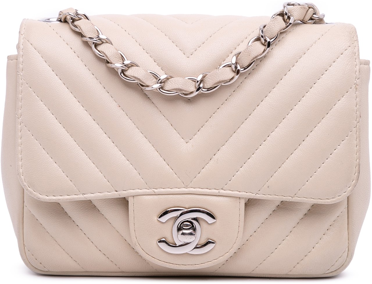 Chanel Mini Square Classic Chevron Lambskin Single Flap Wit