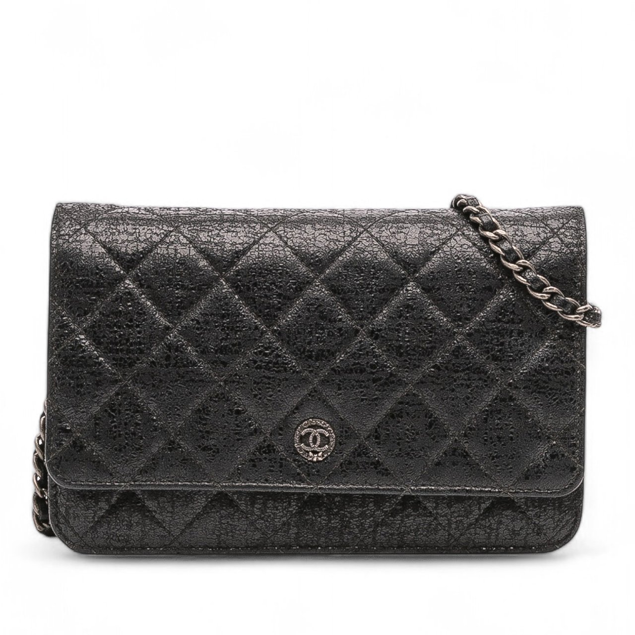 Chanel CC Quilted Crinkled Calfskin Wallet On Chain Zwart