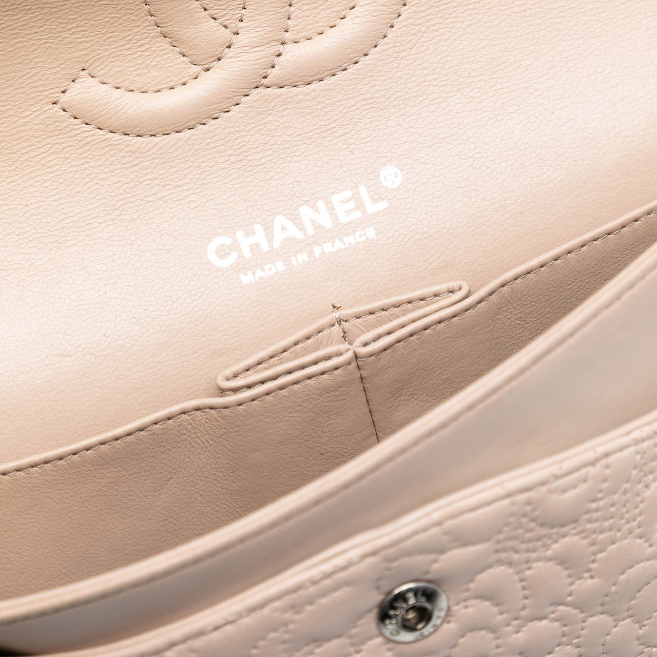 Chanel Medium Classic Lambskin Camellia Stitched Double Flap Bruin