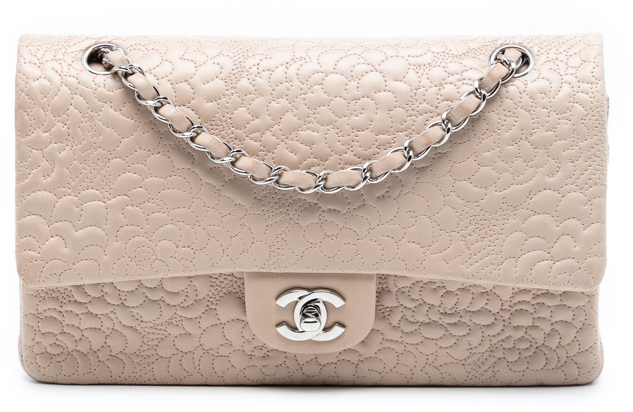 Chanel Medium Classic Lambskin Camellia Stitched Double Flap Bruin