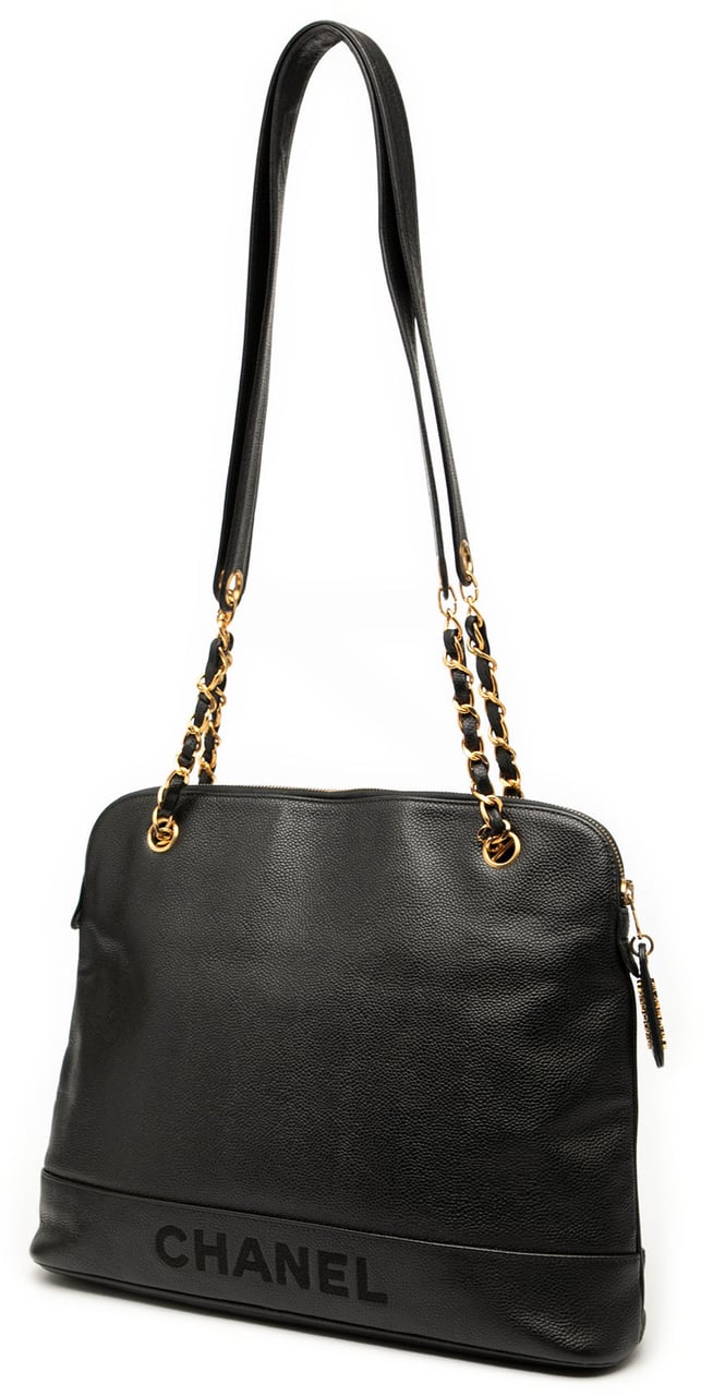 Chanel Caviar Logo Chain Shoulder Bag Zwart