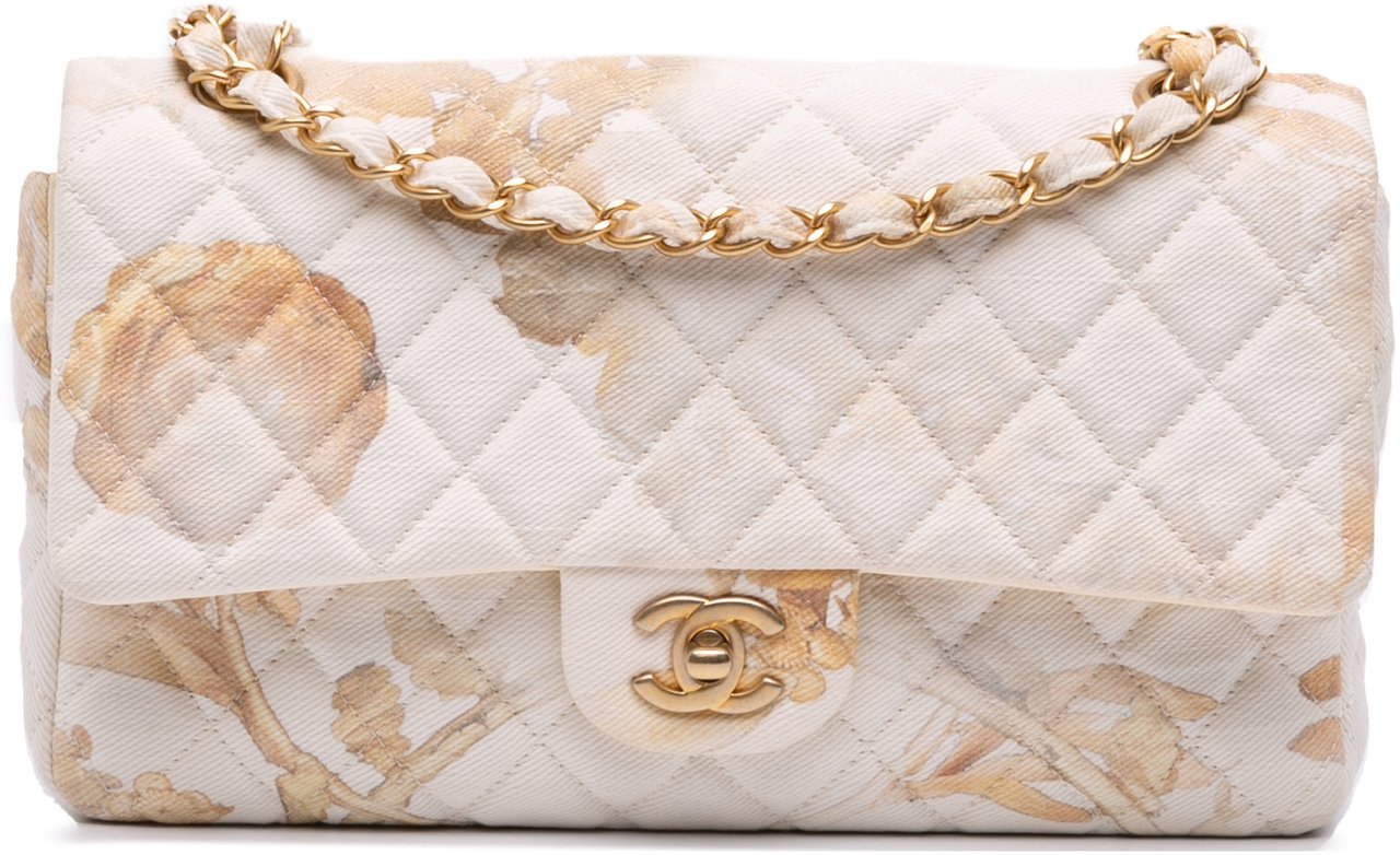 Chanel Medium Classic Printed Denim Floral Double Flap Bruin