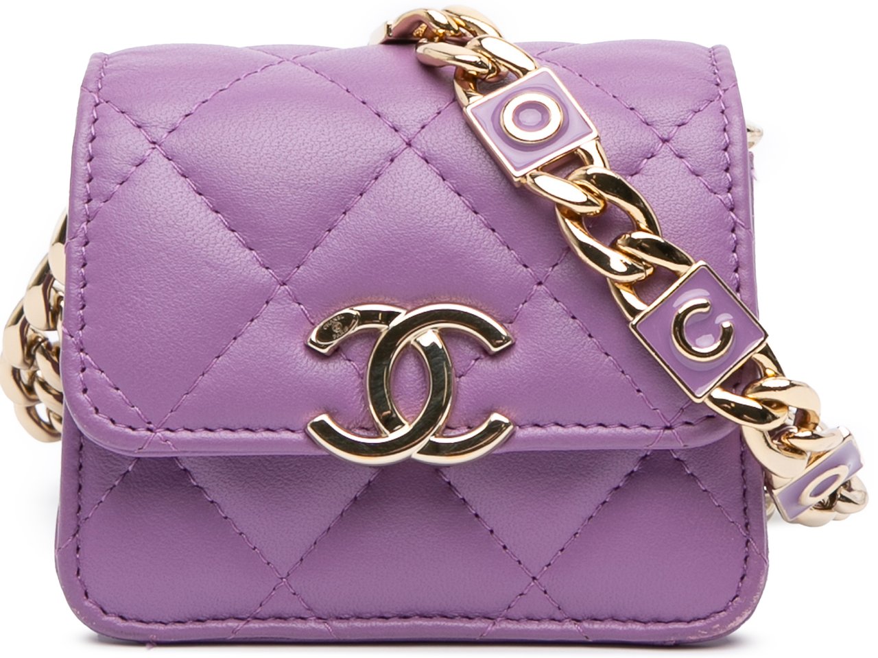 Chanel CC Quilted Lambskin Coco Card Holder on Chain Paars