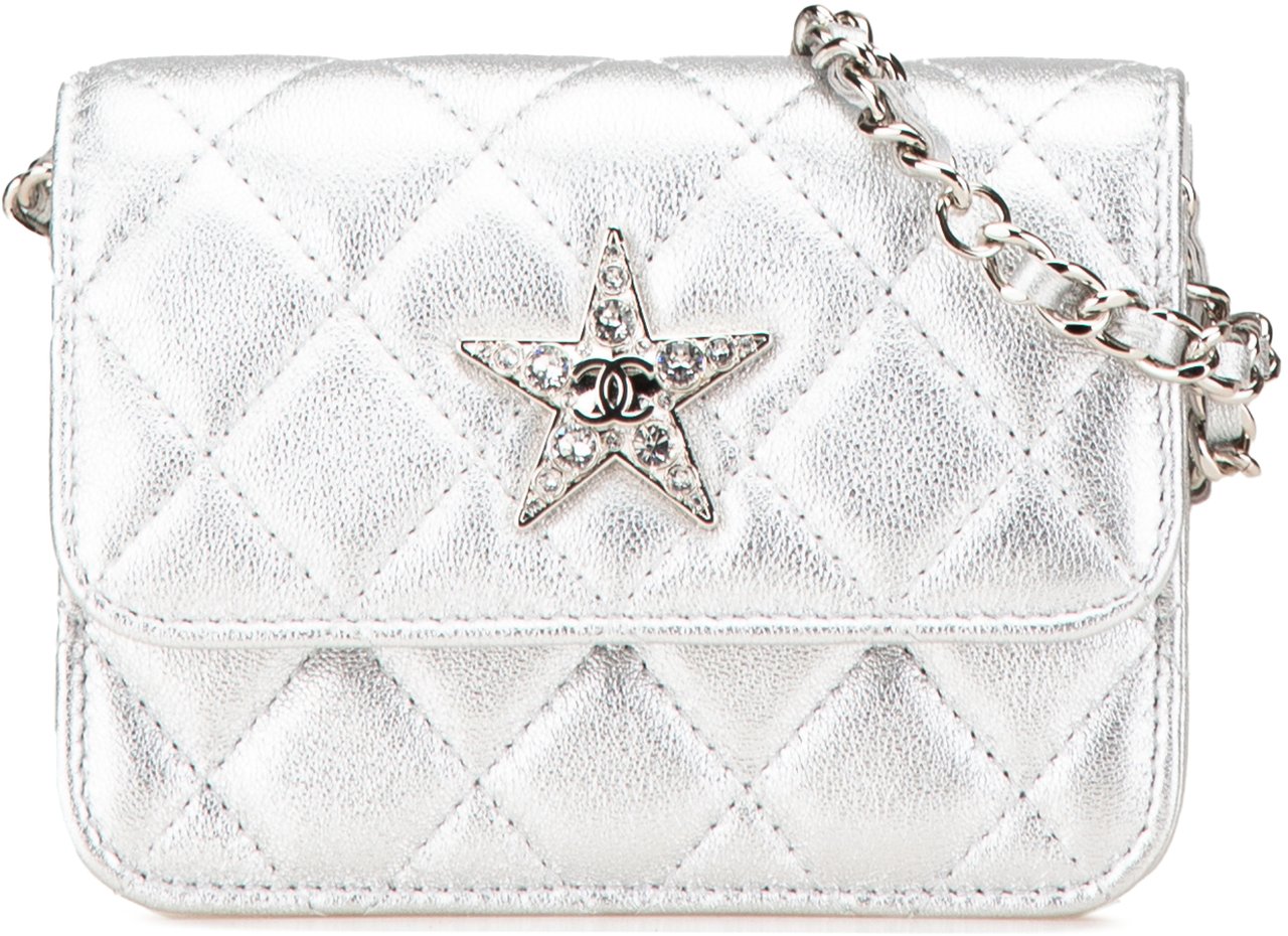 Chanel Metallic Lambskin Crystal Star Chain Belt Bag Zilver