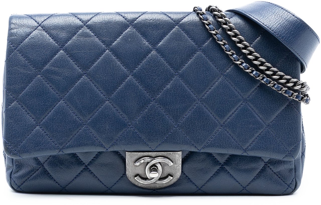 Chanel Large Quilted Goatskin Double Carry Waist Chain Flap Blauw