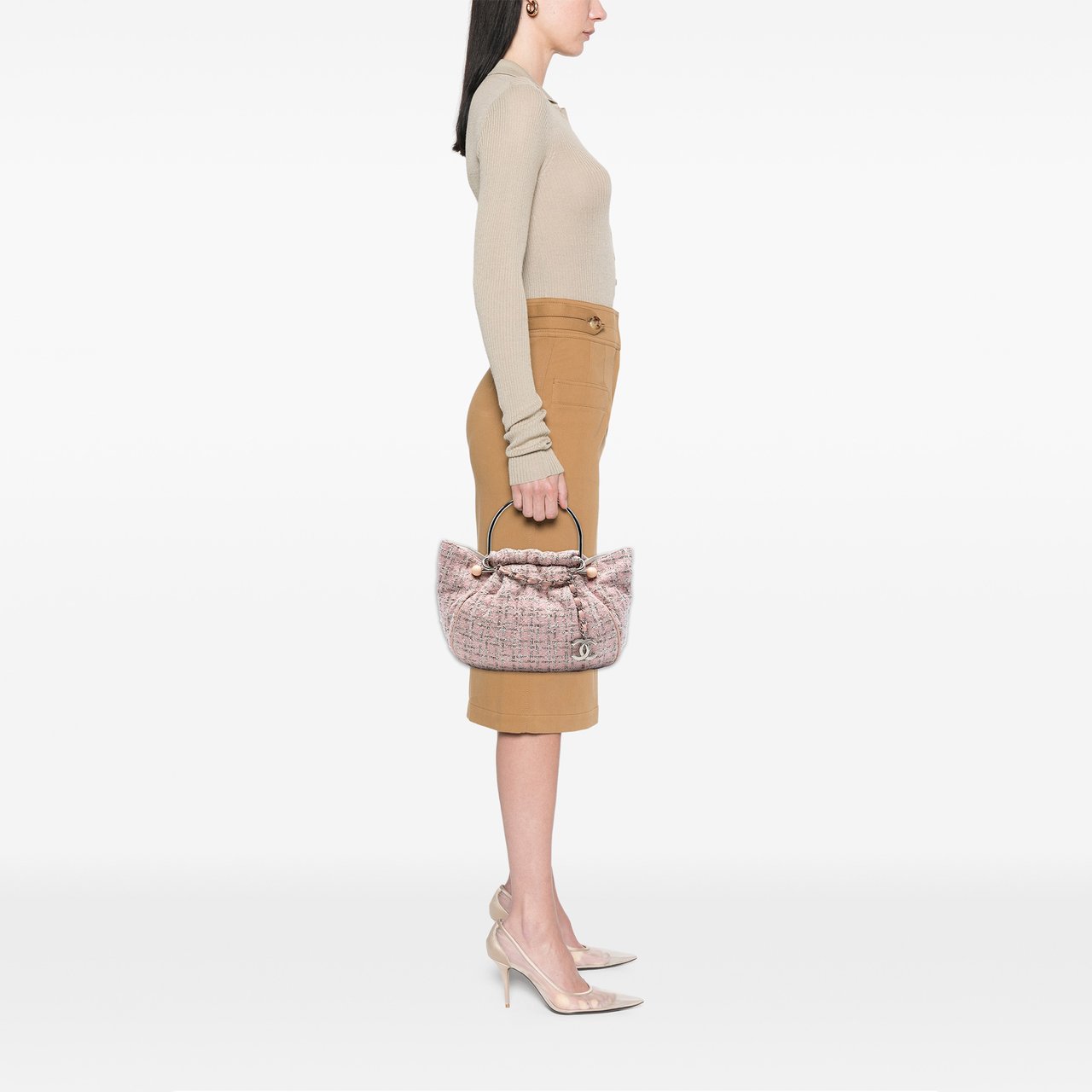 Chanel Tweed Boucle Knitting Top Handle Bag Roze