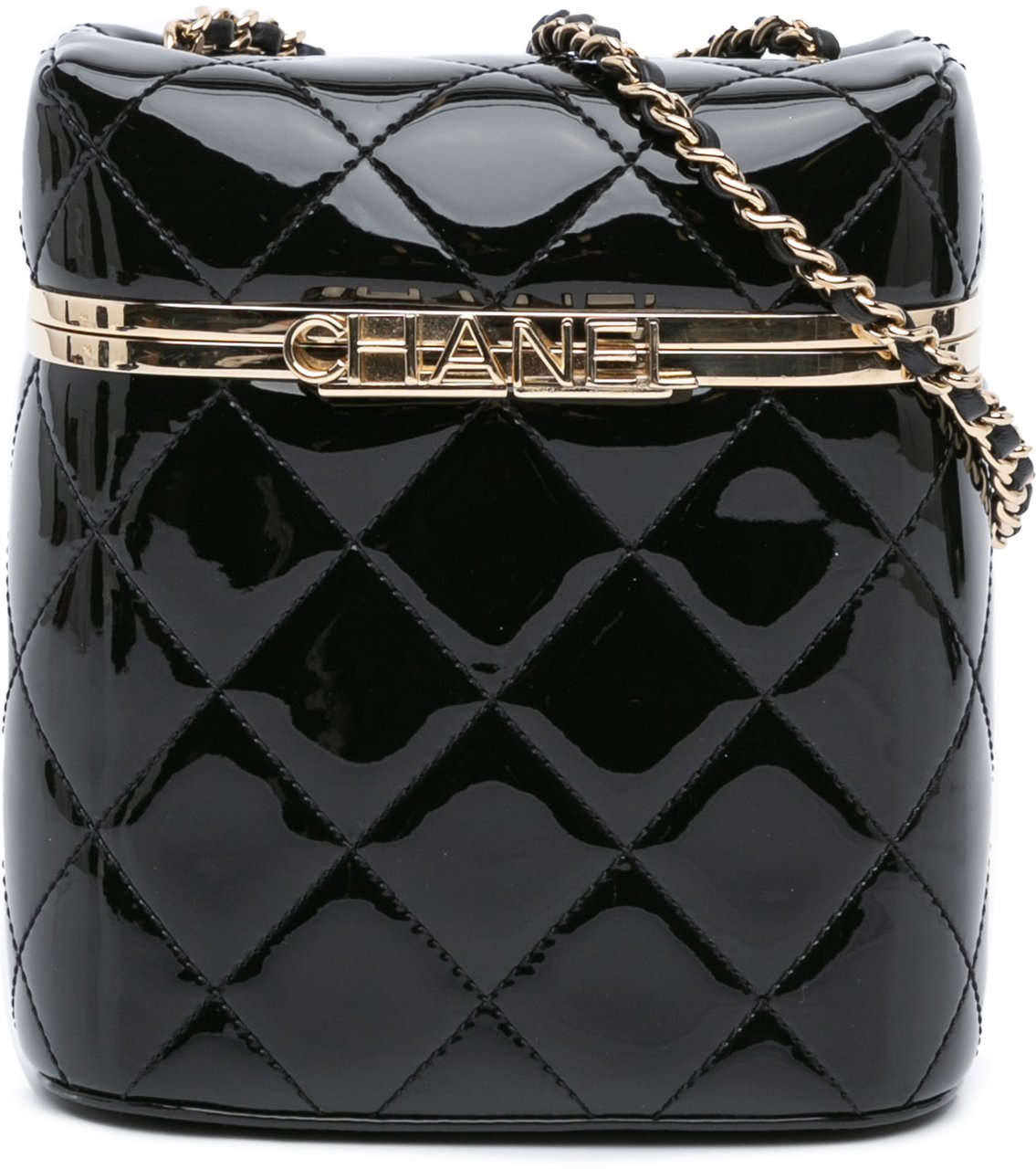 Chanel Quilted Patent Logo Chain Vanity Case Zwart