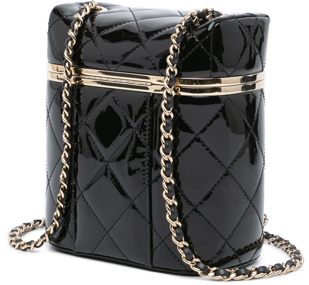 Chanel Quilted Patent Logo Chain Vanity Case Zwart