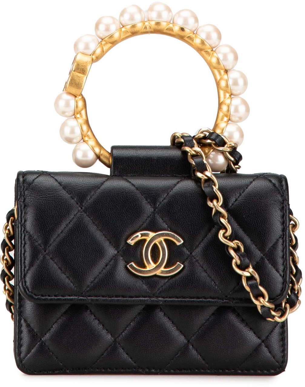 Chanel Quilted Lambskin Pearl Crown Clutch On Chain Zwart
