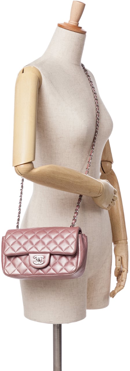 Chanel Mini Rectangular Classic Iridescent Lambskin Single Flap Roze