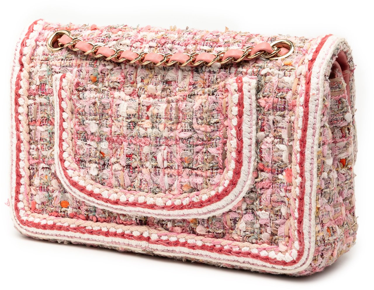 Chanel Medium Classic Quilted Tweed Braided Double Flap Roze
