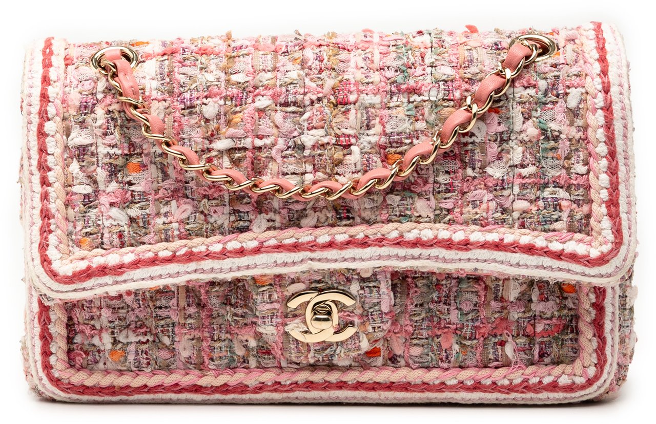 Chanel Medium Classic Quilted Tweed Braided Double Flap Roze