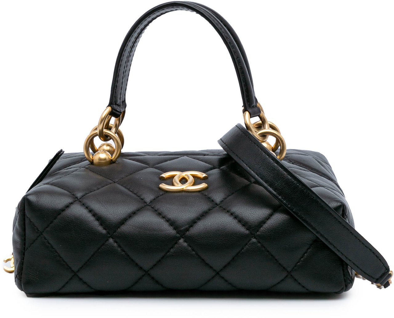 Chanel Métiers d'Art CC Quilted Lambskin Box Top Handle Satchel Zwart