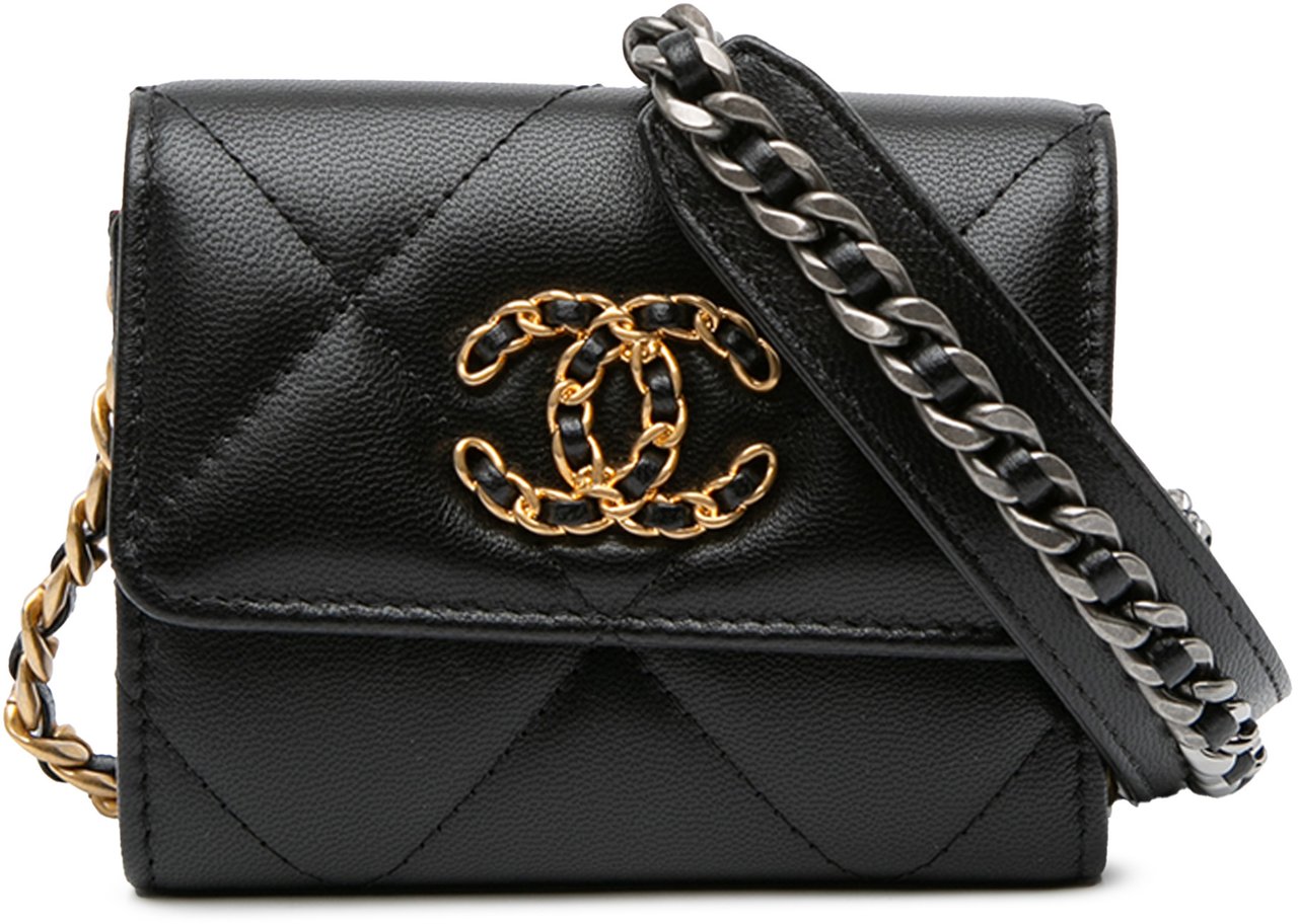 Chanel Lambskin 19 Flap Coin Purse With Chain Zwart