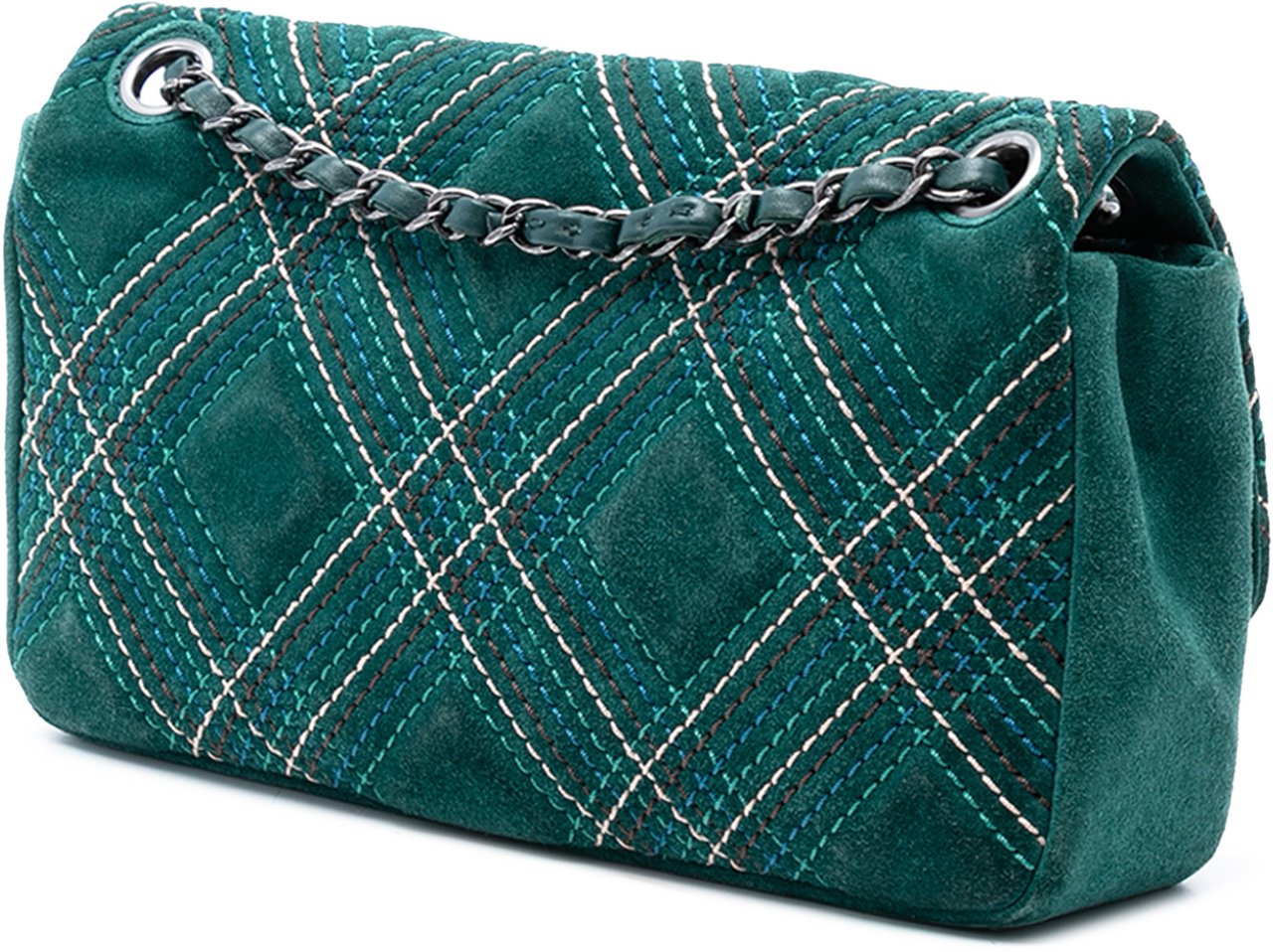 Chanel Paris Edinburgh Medium Stitched Suede Saltire Single Flap Groen