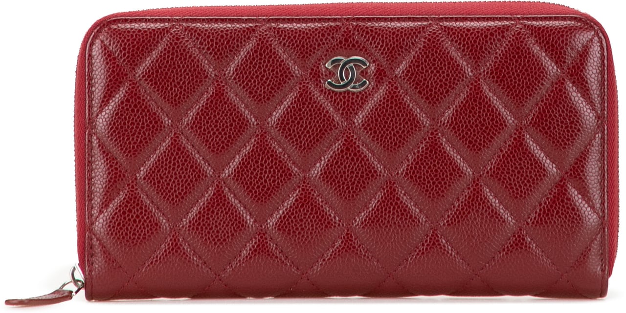 Chanel CC Quilted Caviar Zip Around Long Wallet Rood
