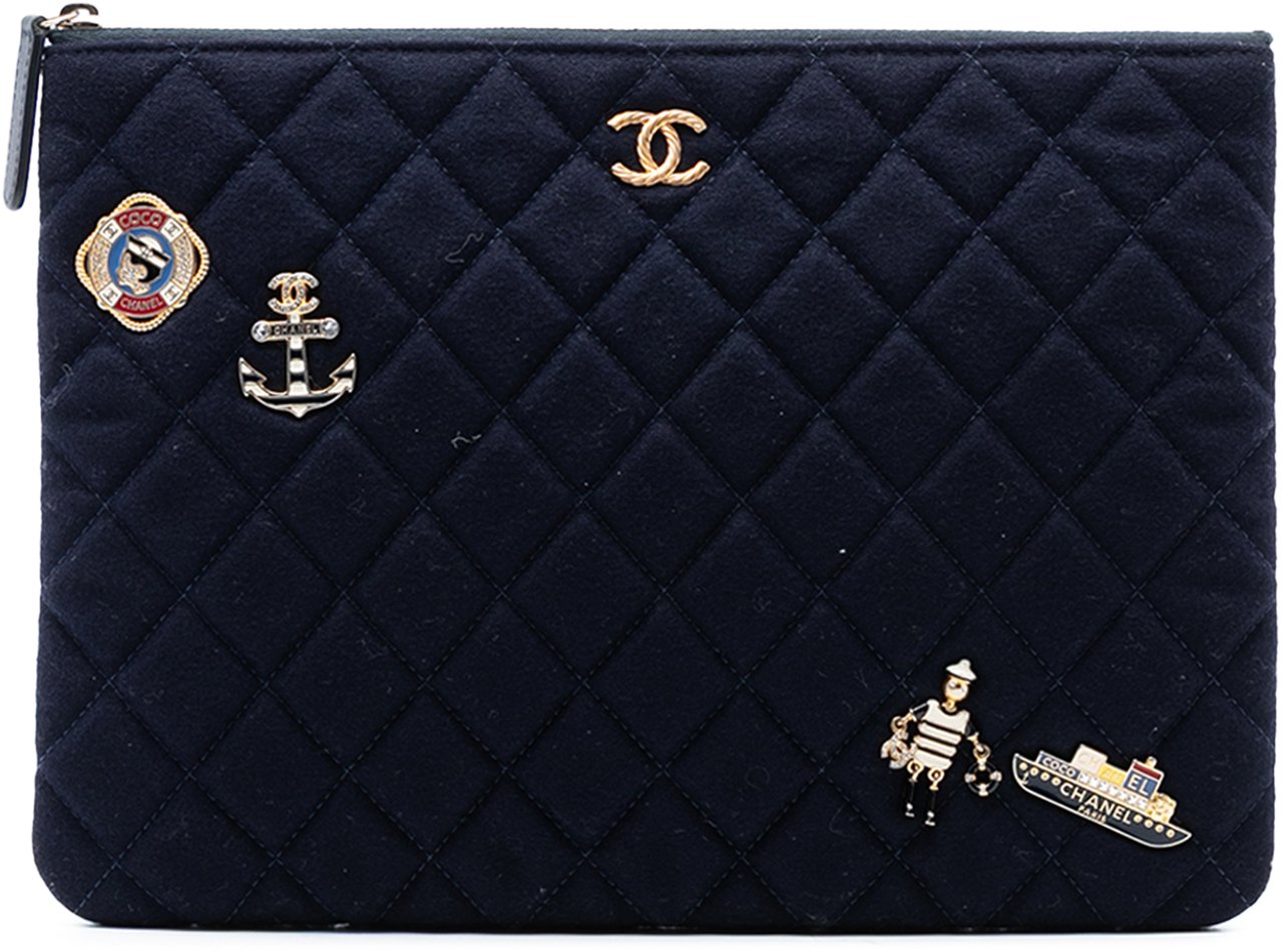 Chanel Paris Hamburg Medium Quilted Wool Coco Sailor Charms O Case Clutch Blauw