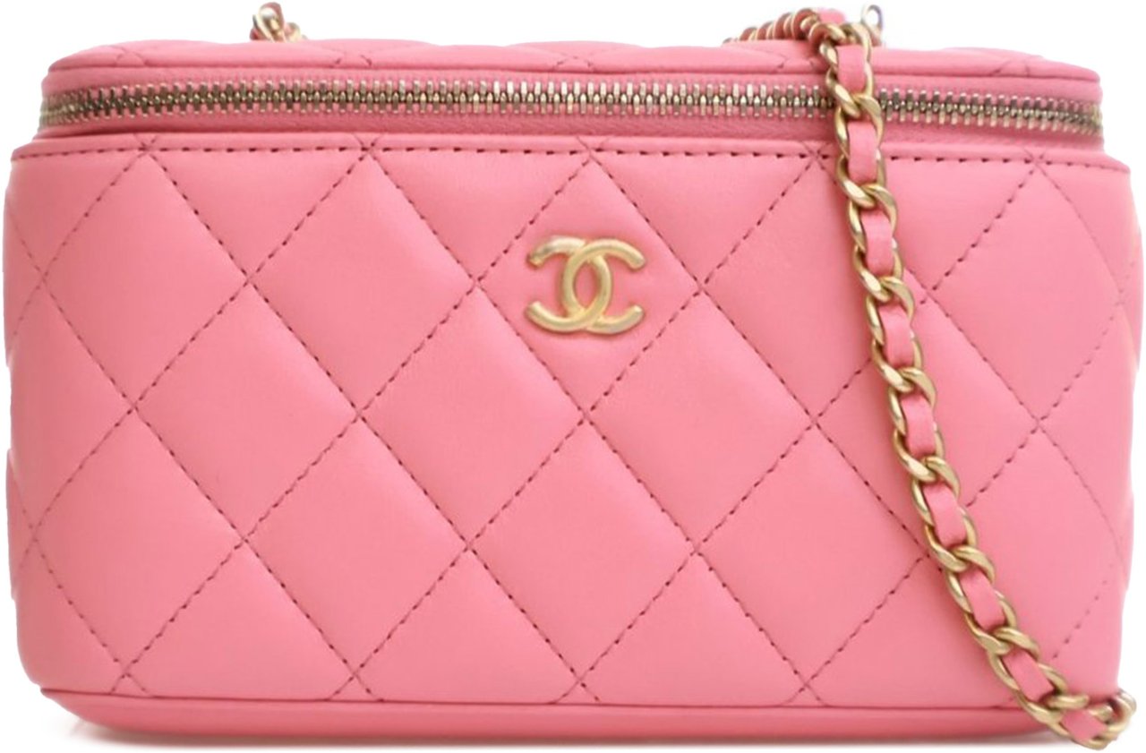 Chanel Small Quilted Lambskin Pearl Crush Vanity Case with Chain Roze