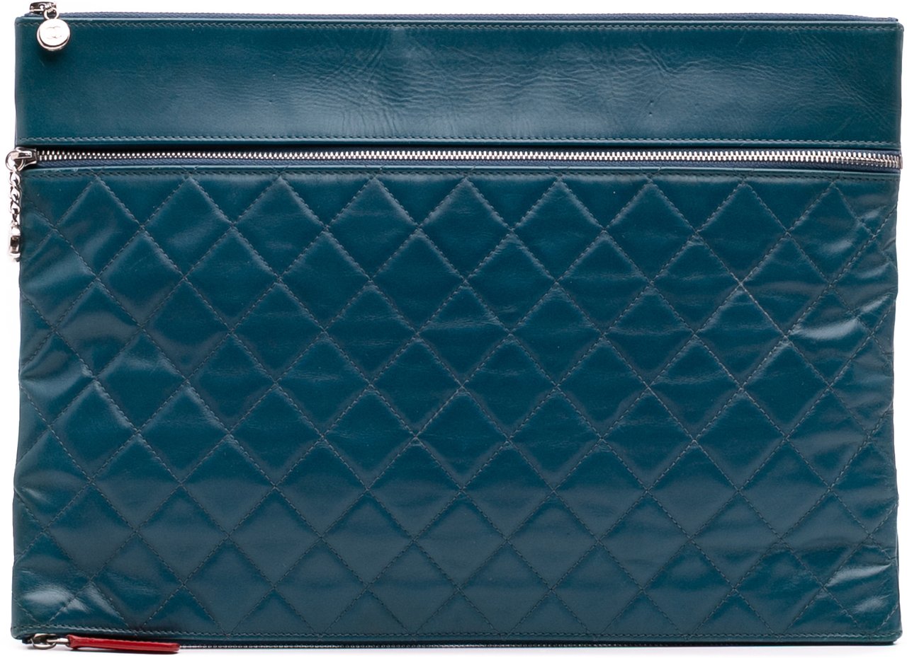 Chanel CC Quilted Lambskin Multi Zip Clutch Blauw