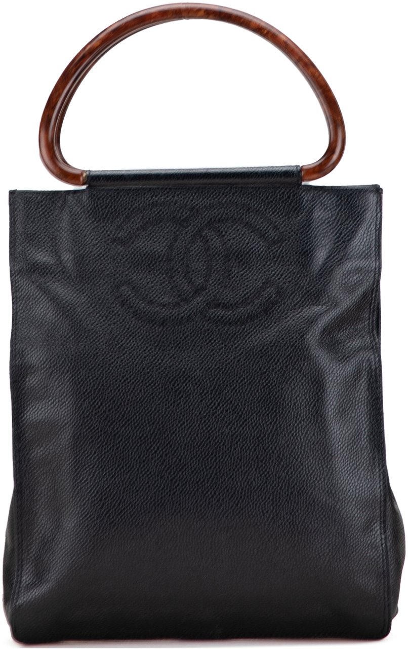 Chanel CC Caviar Wood Top Handle Tote Zwart