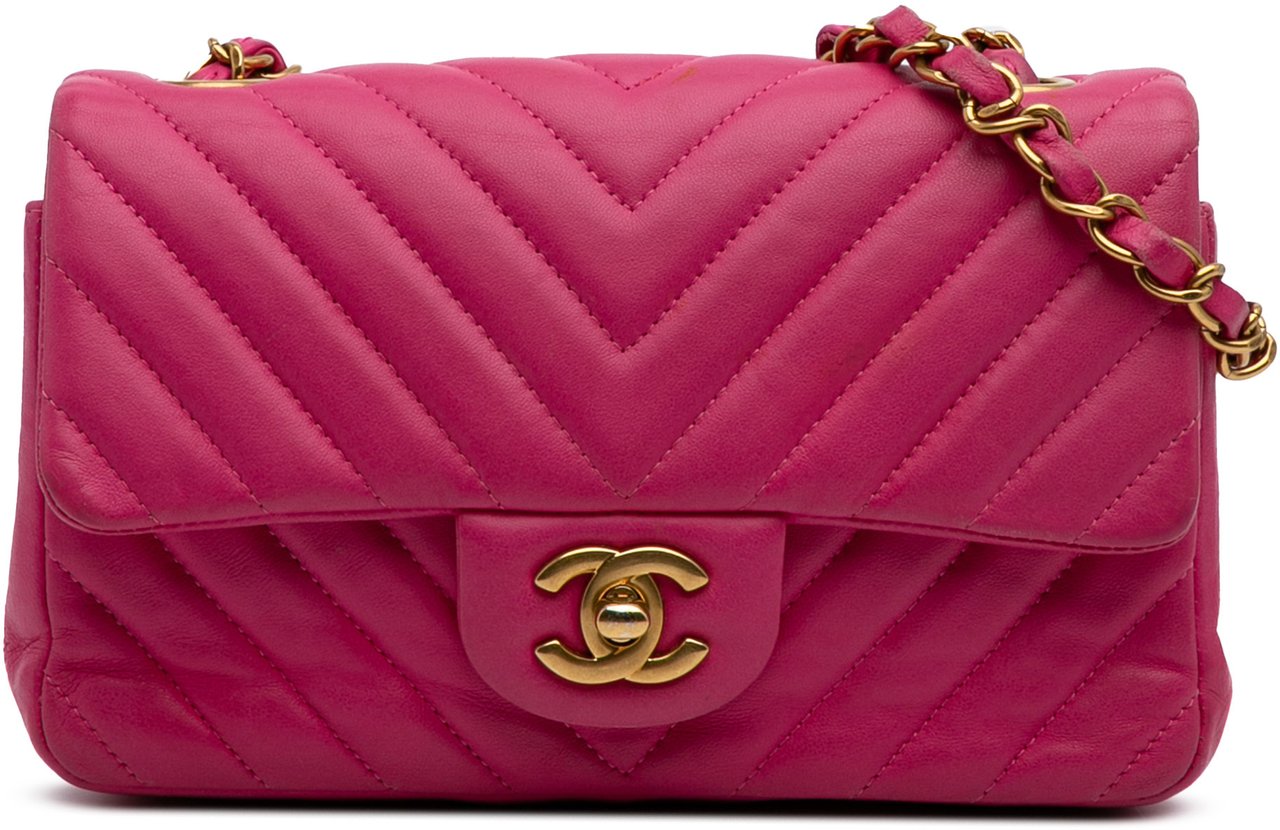 Chanel Mini Rectangular Classic Chevron Lambskin Single Flap Roze