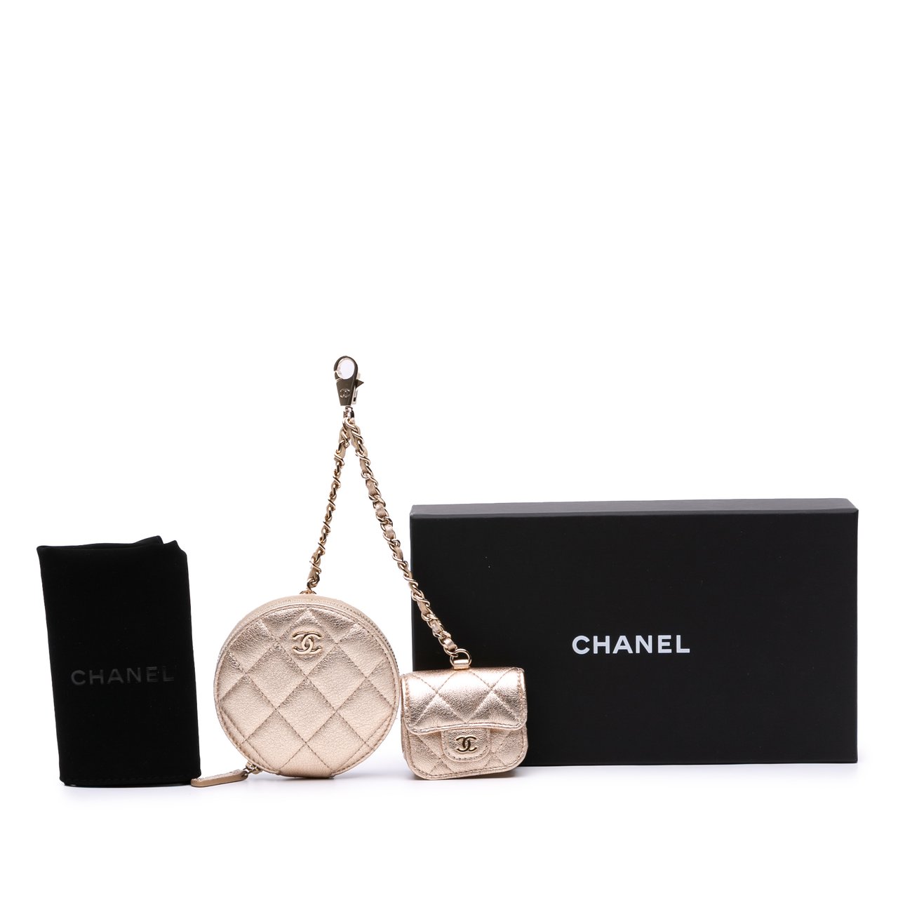 Chanel Metallic Quilted Lambskin Round Clip On Coin Purse Airpods Case Goud