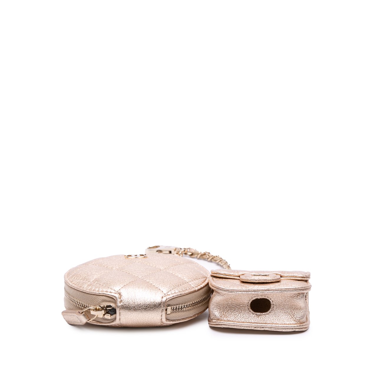 Chanel Metallic Quilted Lambskin Round Clip On Coin Purse Airpods Case Goud