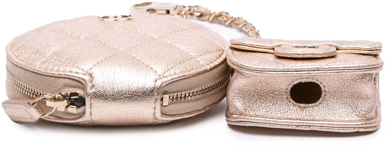 Chanel Metallic Quilted Lambskin Round Clip On Coin Purse Airpods Case Goud