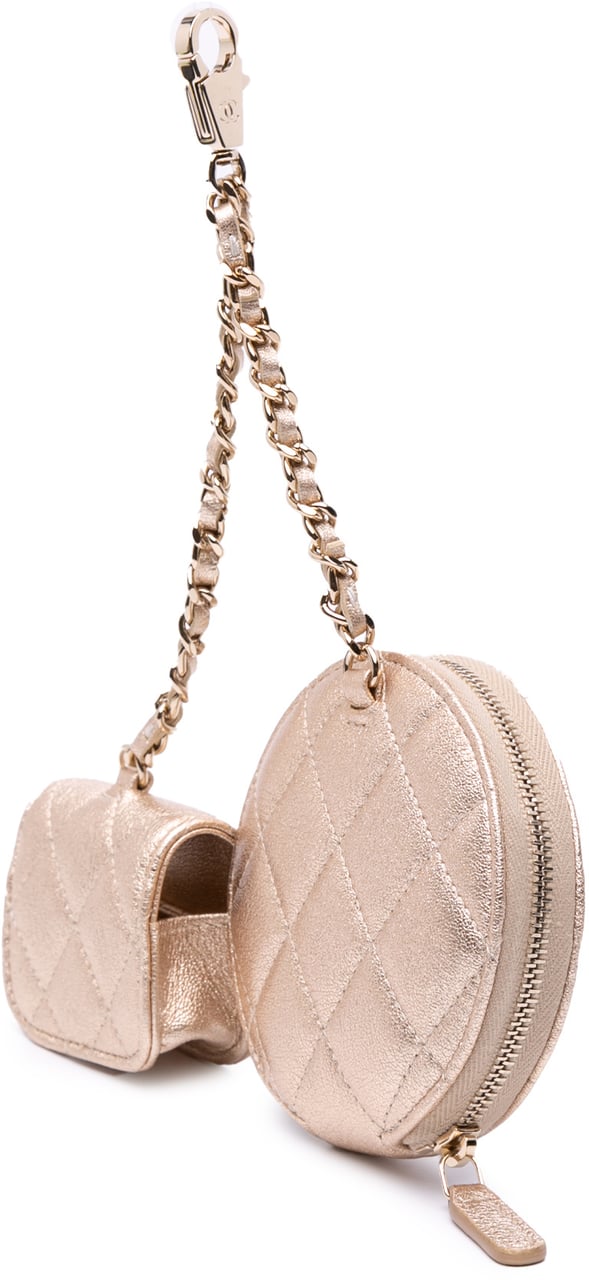 Chanel Metallic Quilted Lambskin Round Clip On Coin Purse Airpods Case Goud